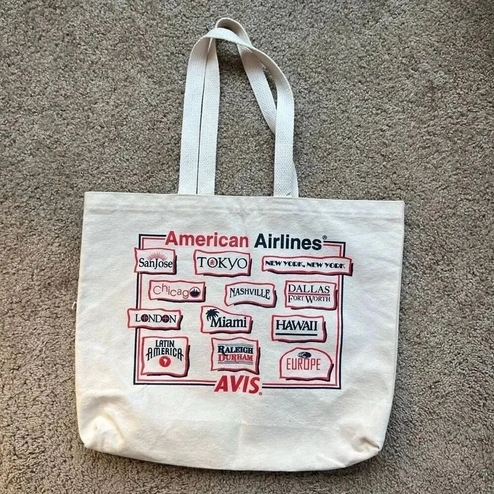 VTG 80s 90s American Airlines x Avis Canvas Travel Tote Bag Double Sided